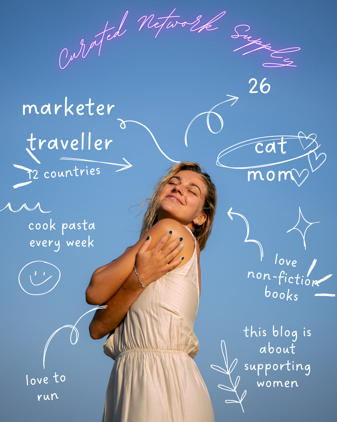Services-01 Young female travel blogger smiling under a bright blue sky, wearing a cream dress, with handwritten graphics showing personal facts — 26 years old, marketer, traveler to 12 countries, cat mom, pasta lover, avid runner, non-fiction reader — part of Curated Network Supply’s Legends & Legacy Edition supporting women in business and lifestyle brands.